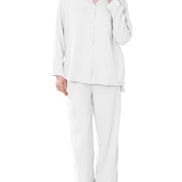 Elegant Collar Button-Up Pajama Set Long Sleeve Cardigan Elastic Waist Pants - Picture 2 of 6